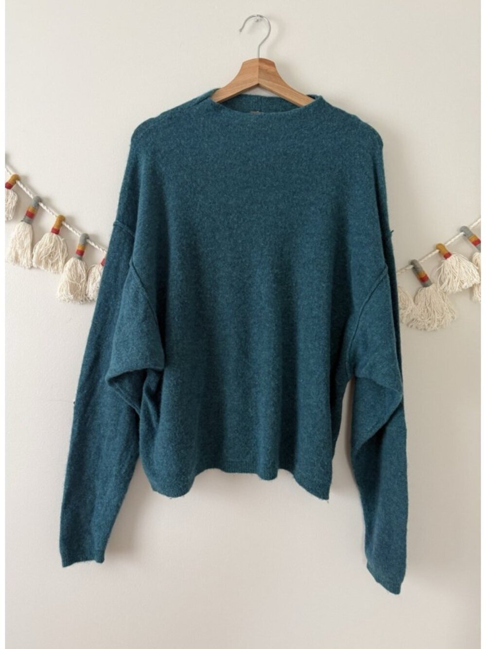 Free People Break Away Rollback Knit Teal Pullover Sweater Cozy Slouchy Wool L